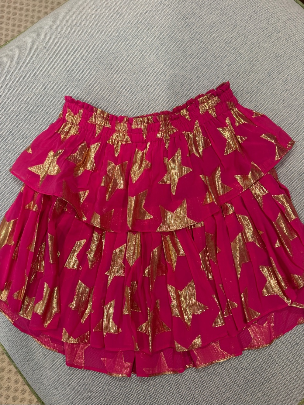 LoveShackFancy Hot Pink Metallic Gold Star Tiered Mini Skirt